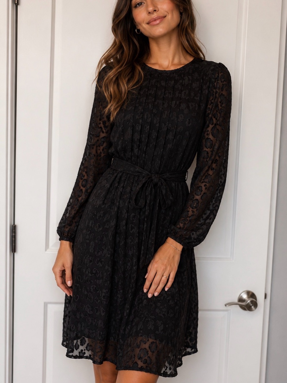 Ann Taylor Black Lace Tie-Waist Long Sleeve Dress